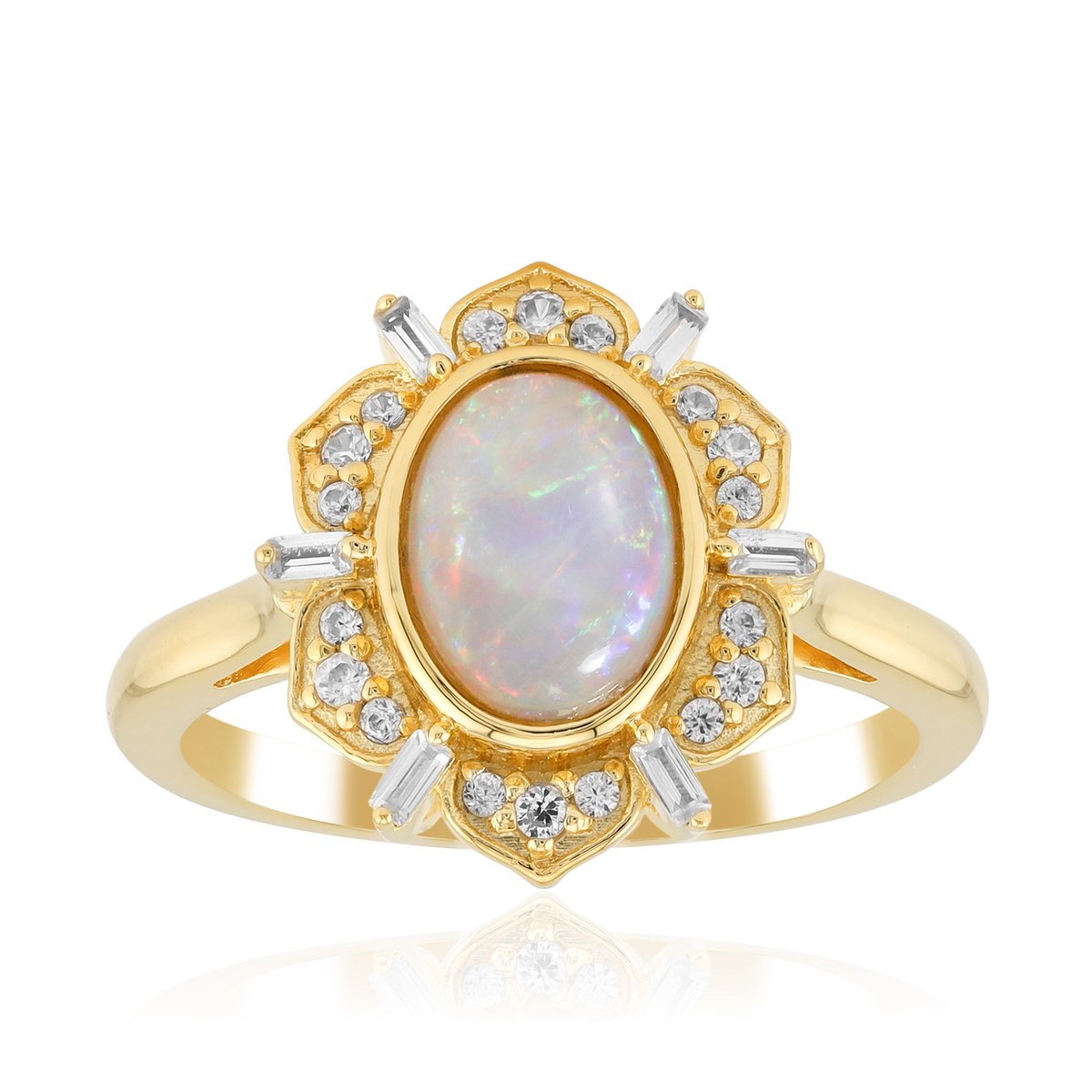 Cavill - Elegante Damesring 925 Sterling Zilver Geel Verguld - Australische Oval Opaal 0,58 ct - Zirkonia 0,26 ct - Stijlvolle Cabochon Ring