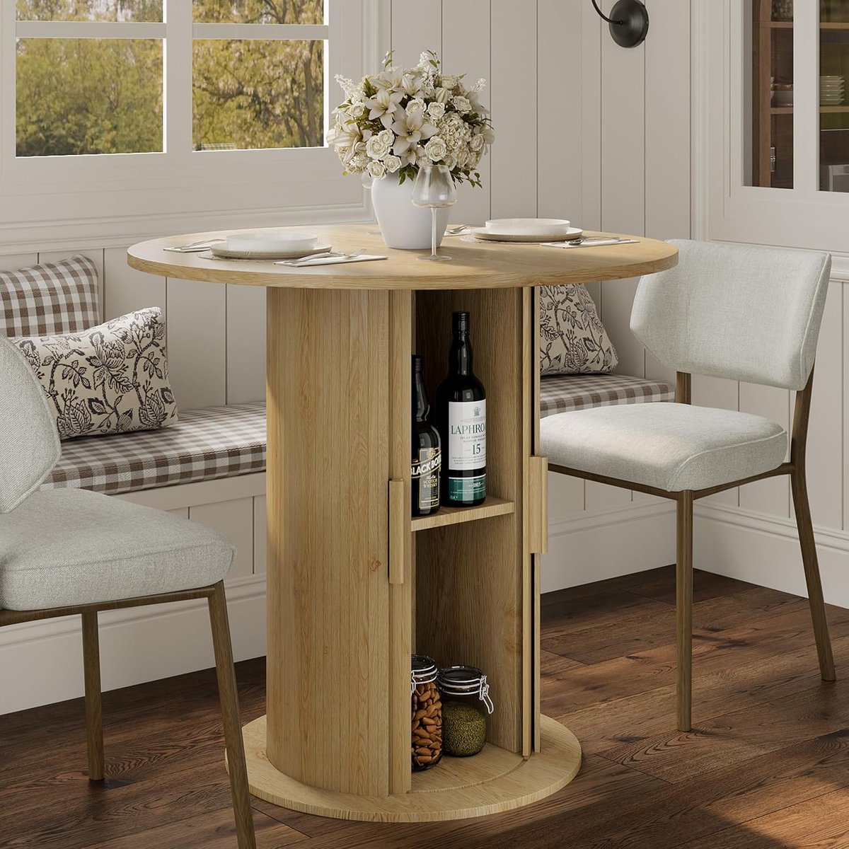 Ronde eettafel voor 2-4 personen – Onderstel met verborgen opbergruimte – Ruimtebesparende eettafel – 80×80×75 cm – Houtkleur