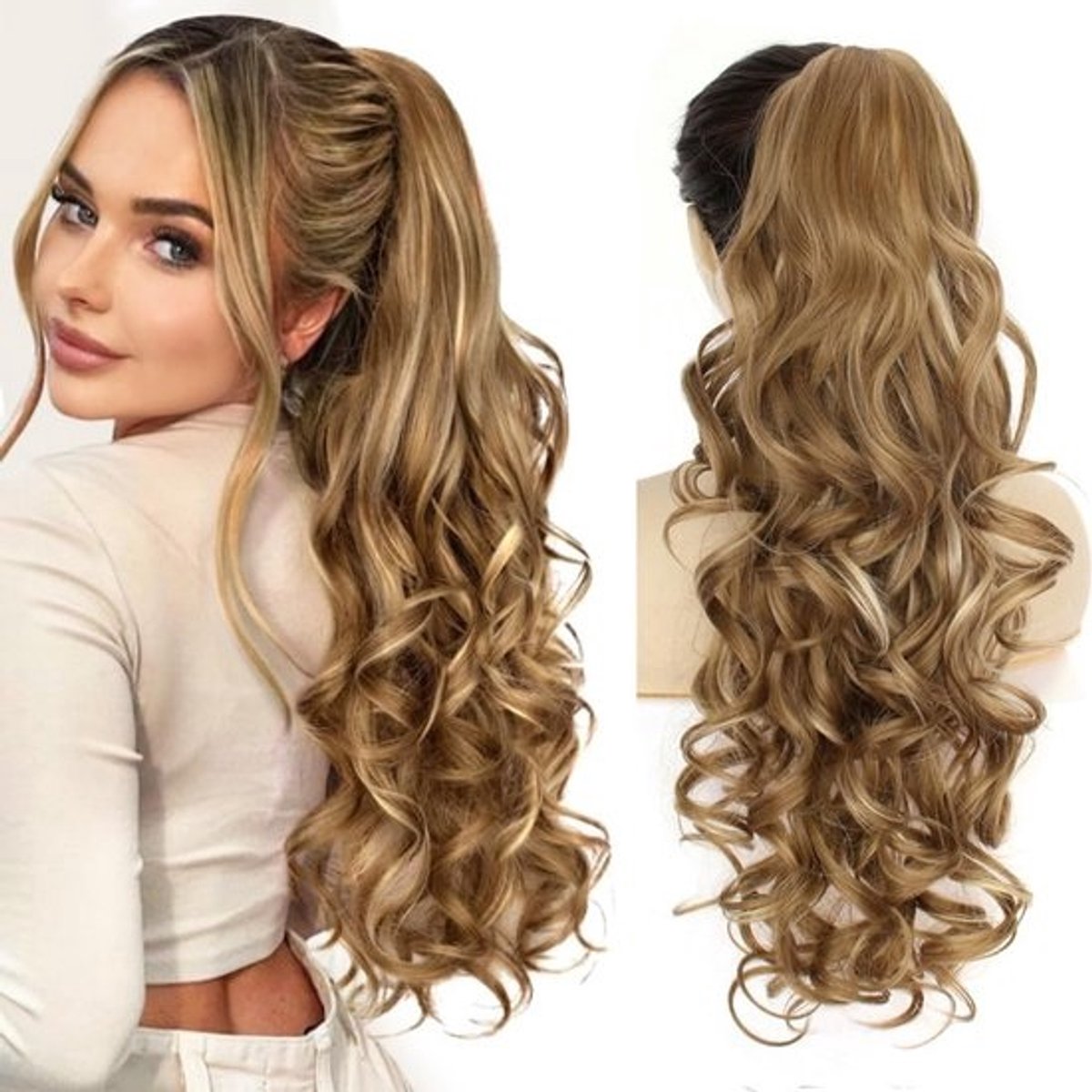 Volumineus gegolfd paardenstaart haarstukje met klem, 66 cm, middelblond met highlights