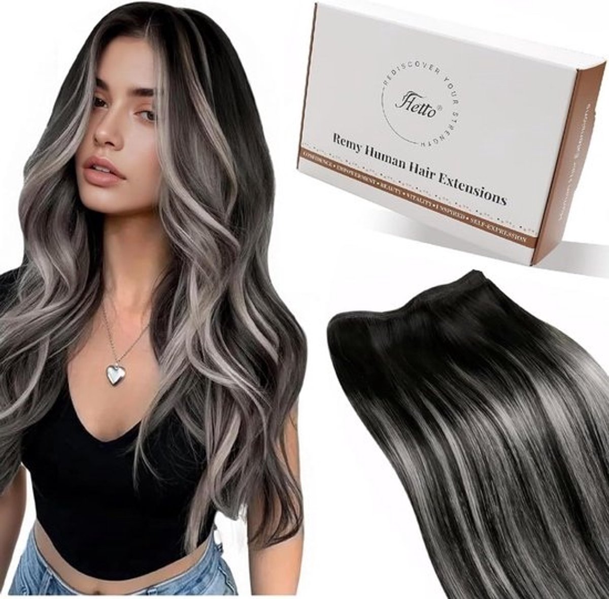 Echte Haarverlengingen 60 cm Balayage Zwart naar Zilver Weave Extensies Recht