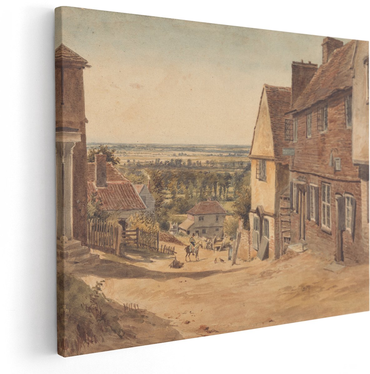 Artaza Canvas Schilderij Engels Dorpsgezicht - 150x120 cm - Groot - Vintage Wanddecoratie Landschap - Muurdecoratie Aquarel - Decoratie Woonkamer Brocante