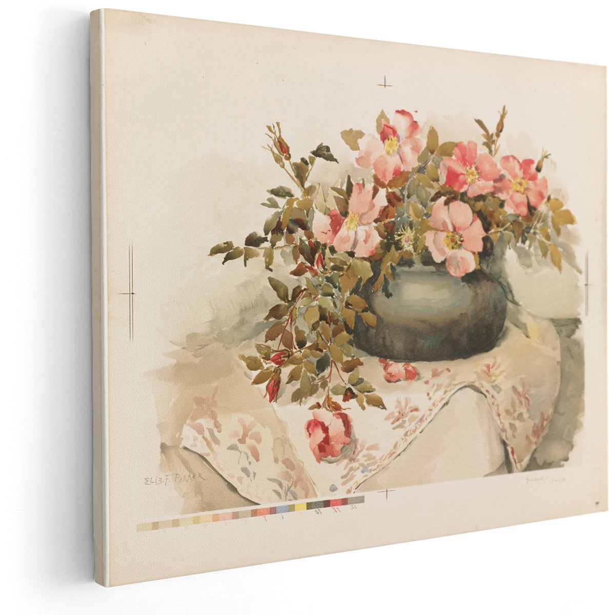 Artaza Canvas Schilderij Bloemen Stilleven - 150x120 cm - Groot - Wanddecoratie Roze Bloemen - Muurdecoratie Aquarel - Decoratie Vaas - Roze