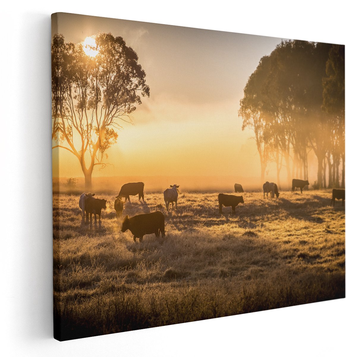 Artaza Canvas Schilderij Kudde Koeien In De Wei Met Zonsopkomst - 150x120 cm - Groot - Wanddecoratie Woonkamer - Schilderijen - Muurdecoratie