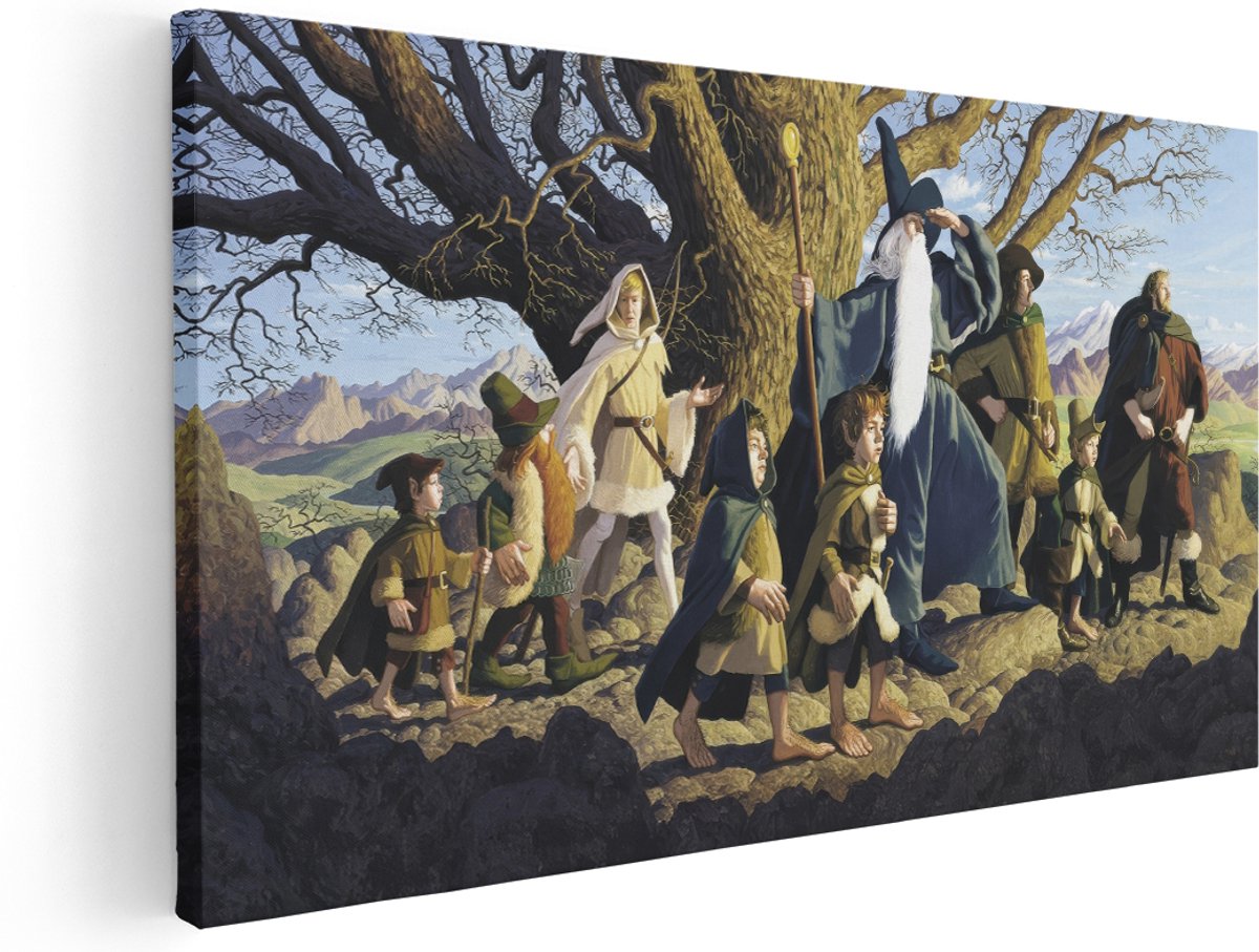 Artaza Canvas Schilderij Gandalf En Hobbits - 160x80 cm - Groot - Wanddecoratie Bergen - Muurdecoratie Landschap - Schilderijen Op Canvas Film