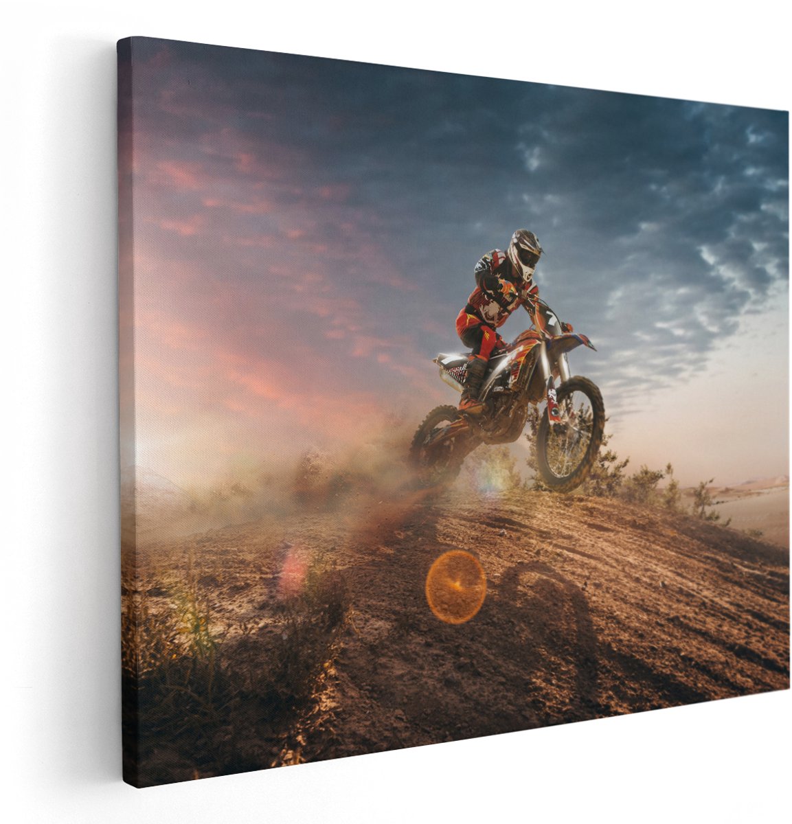 Artaza Canvas Schilderij Motorcross Op Een Heuvel Bij Zonsondergang - 150x120 cm - Groot - Wanddecoratie Woonkamer - Schilderijen - Muurdecoratie
