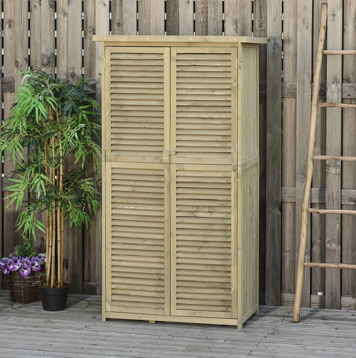 MEUNIQ houten tuinkast 87 x 46,5 x 160 cm met asfaltdak, lamellendeuren, 4 vakken en afsluitbare dubbele deuren, opbergkast voor tuin en terras, grijs