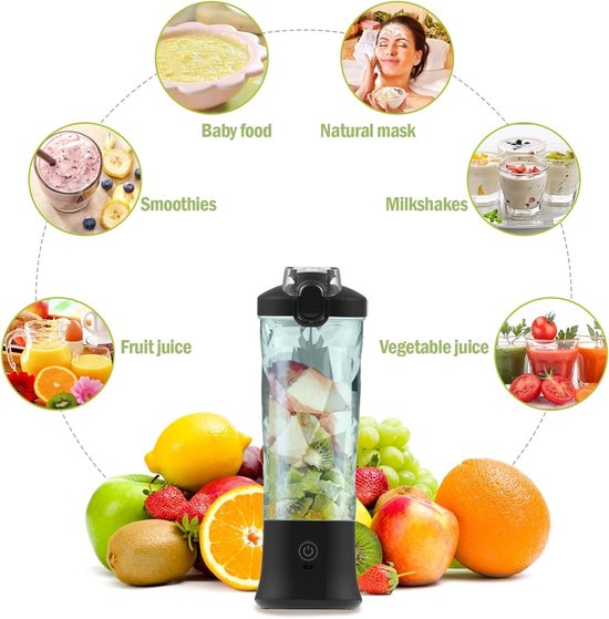 Draagbare Mixer - Smoothie Maker - Gezonde Drankjes Maken - 6 RVS Messen - 600 ml - Zwart — afbeelding 5