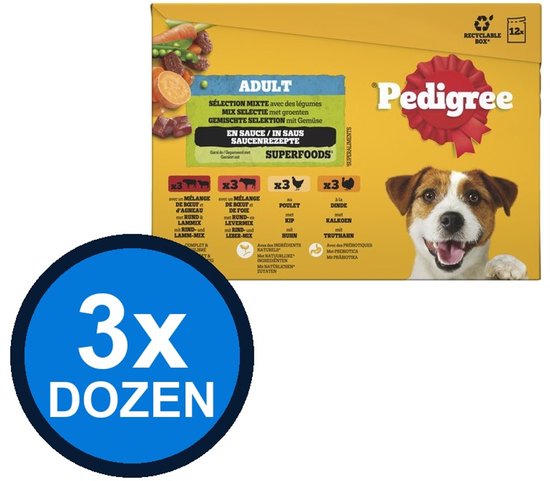 Pedigree Adult natvoer selectie met groenten, in saus. Verpakking met "3x DOZEN" en "12x RECYCLABLE BOX" opdruk. Vrolijke hond voorop.