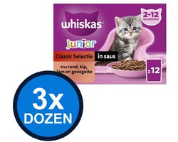 3x Whiskas - 2-12M Pouch Junior Saus Classic Selectie Multipack (12x85g) - Kattenvoer Natvoer - 1.02 kg