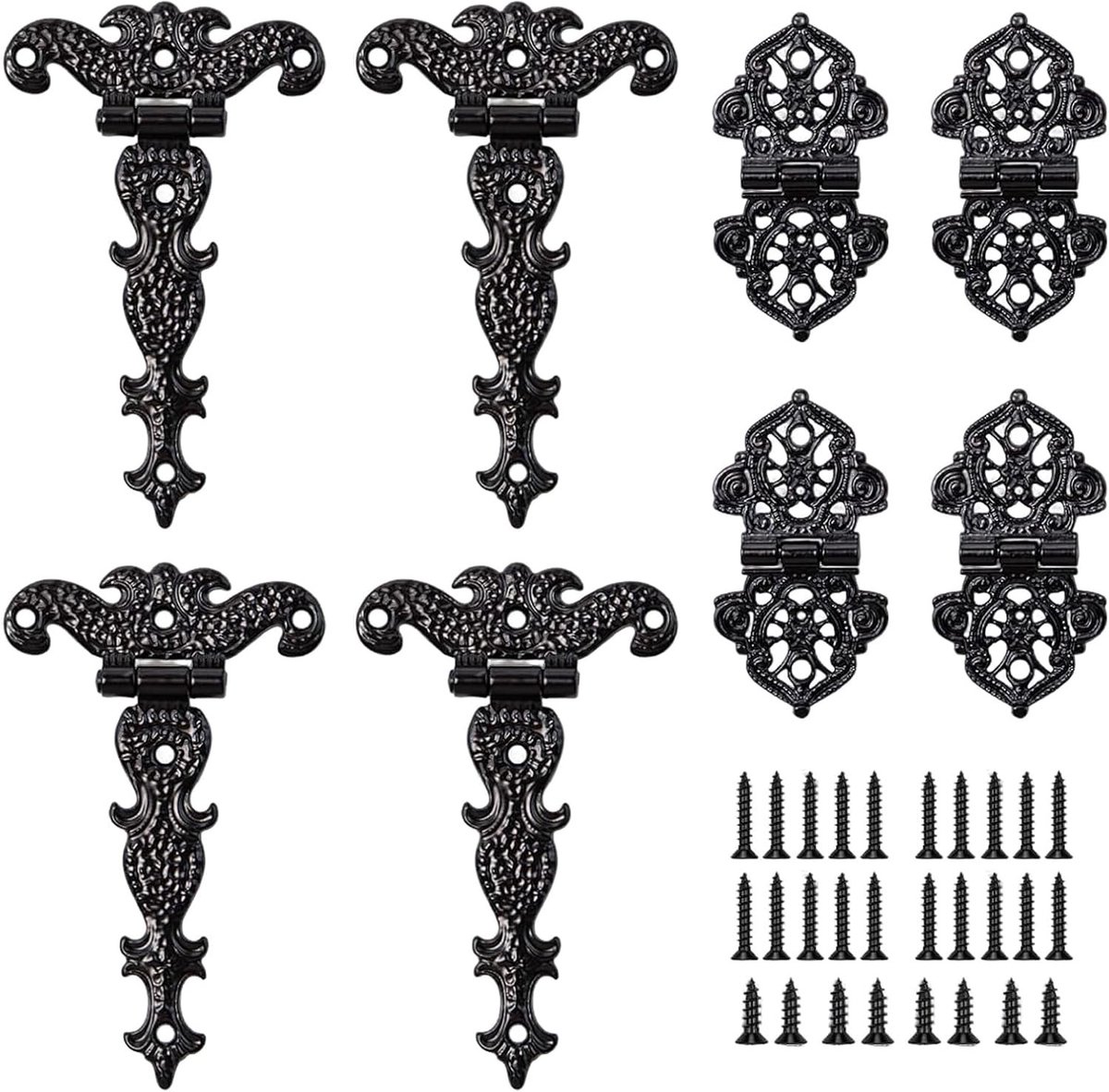 8-delige antieke meubel scharnieren set met schroeven - retro T-vormige zinklegering scharnieren voor deuren, lades en boekenplanken van hout