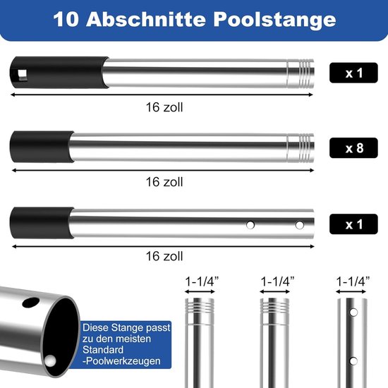 4BAOHUI Telescopische stang voor zwembad, verstelbaar van 75 cm tot 365 cm, zwembadaccessoires, zwembadstang van roestvrij staal en stabiel, uittrekbaar voor gangbare schepnet, skimmer net — afbeelding 2