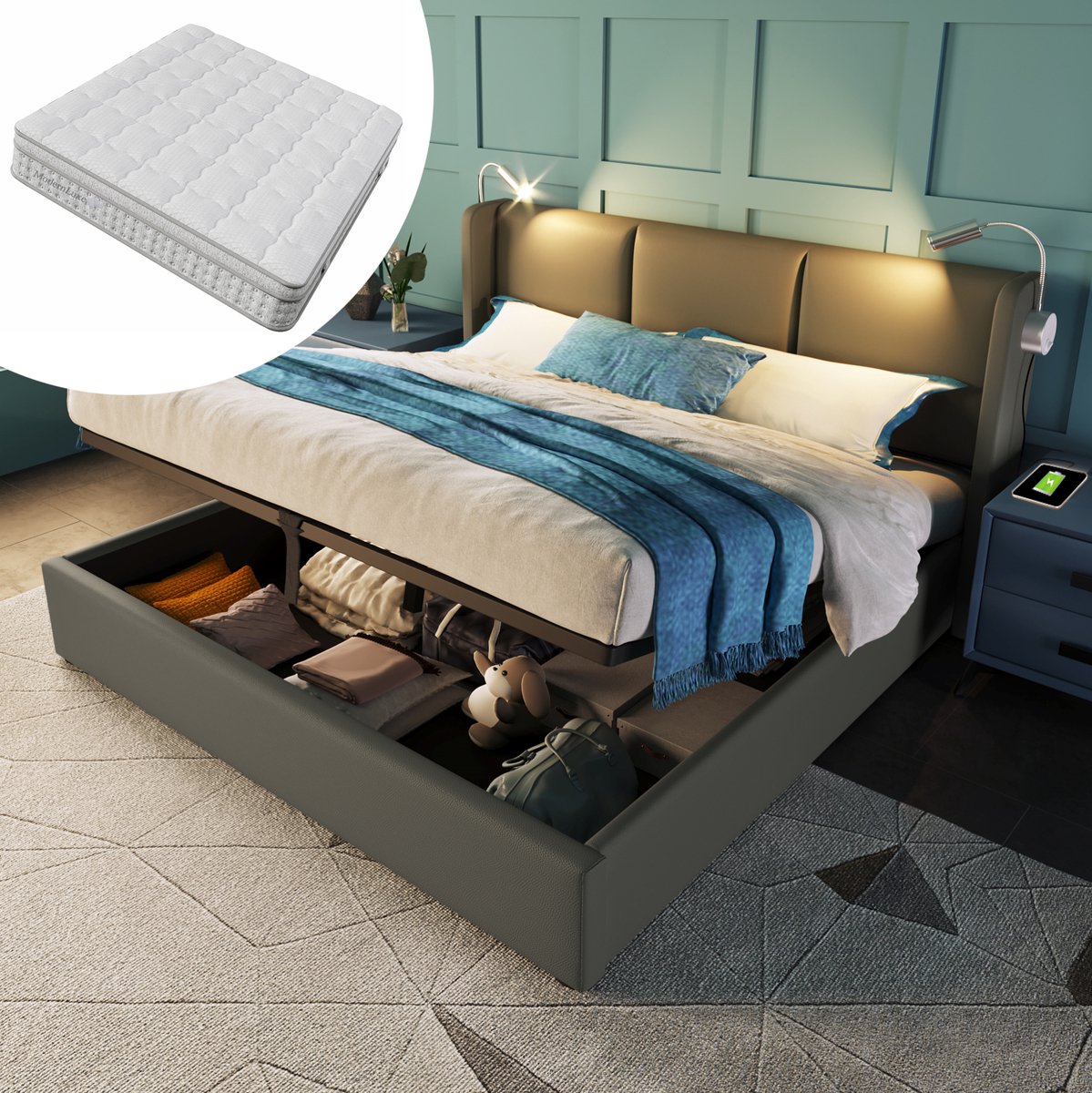 HAUSS SPOLE Gestoffeerd Bed 160x200 cm - Tweepersoonsbed Met Opbergruimte, Leeslamp en USB - Met Lattenbodem, Met Matras - Kunstleer - Grijs