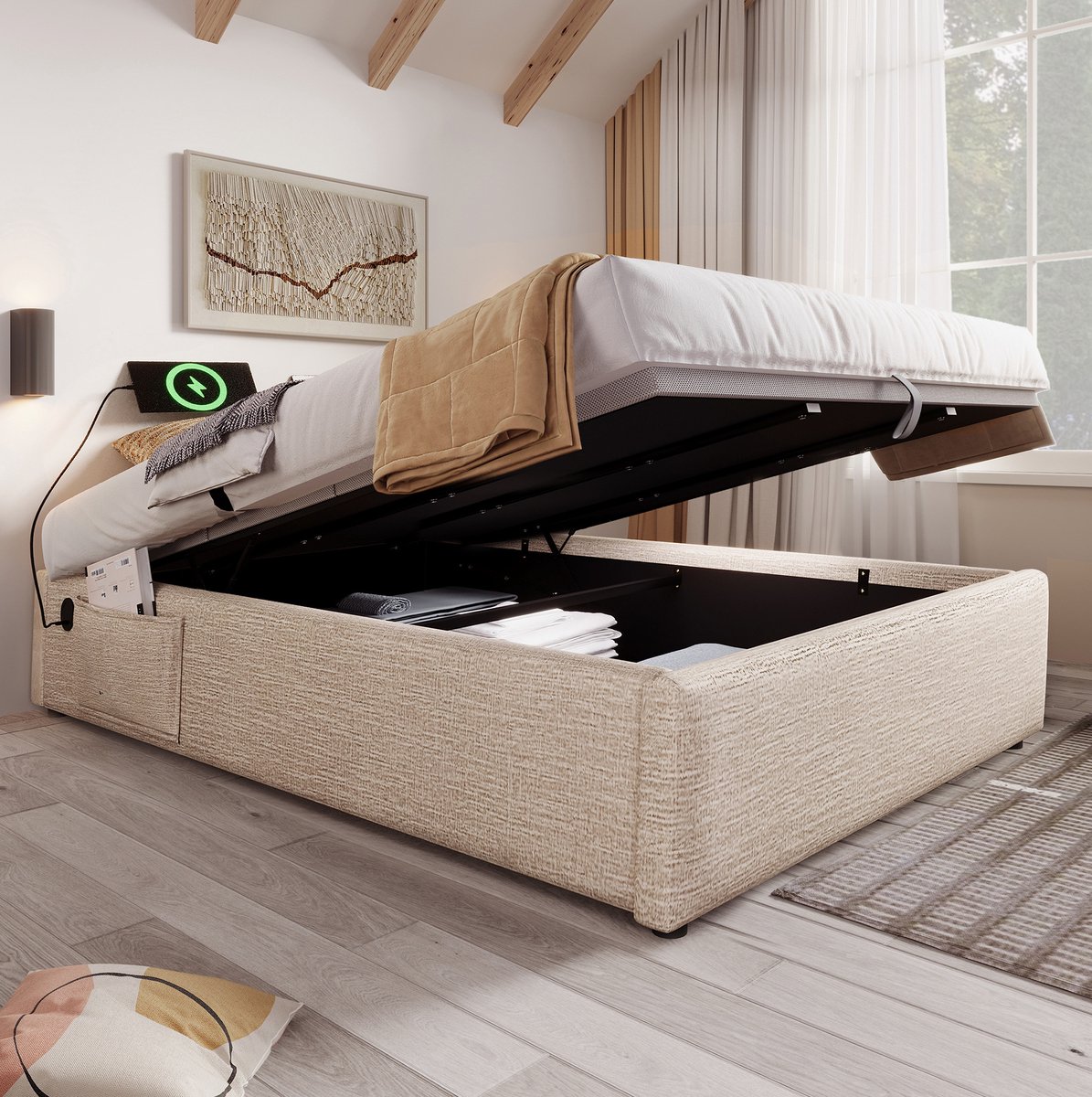HAUSS SPOLE Gestoffeerd Bed 160x200 cm - Tweepersoonsbed Met Opbergruimte en Usb C - Zonder Hoofdbord - Zonder Matras - Stof en Hout - Naturel Beige