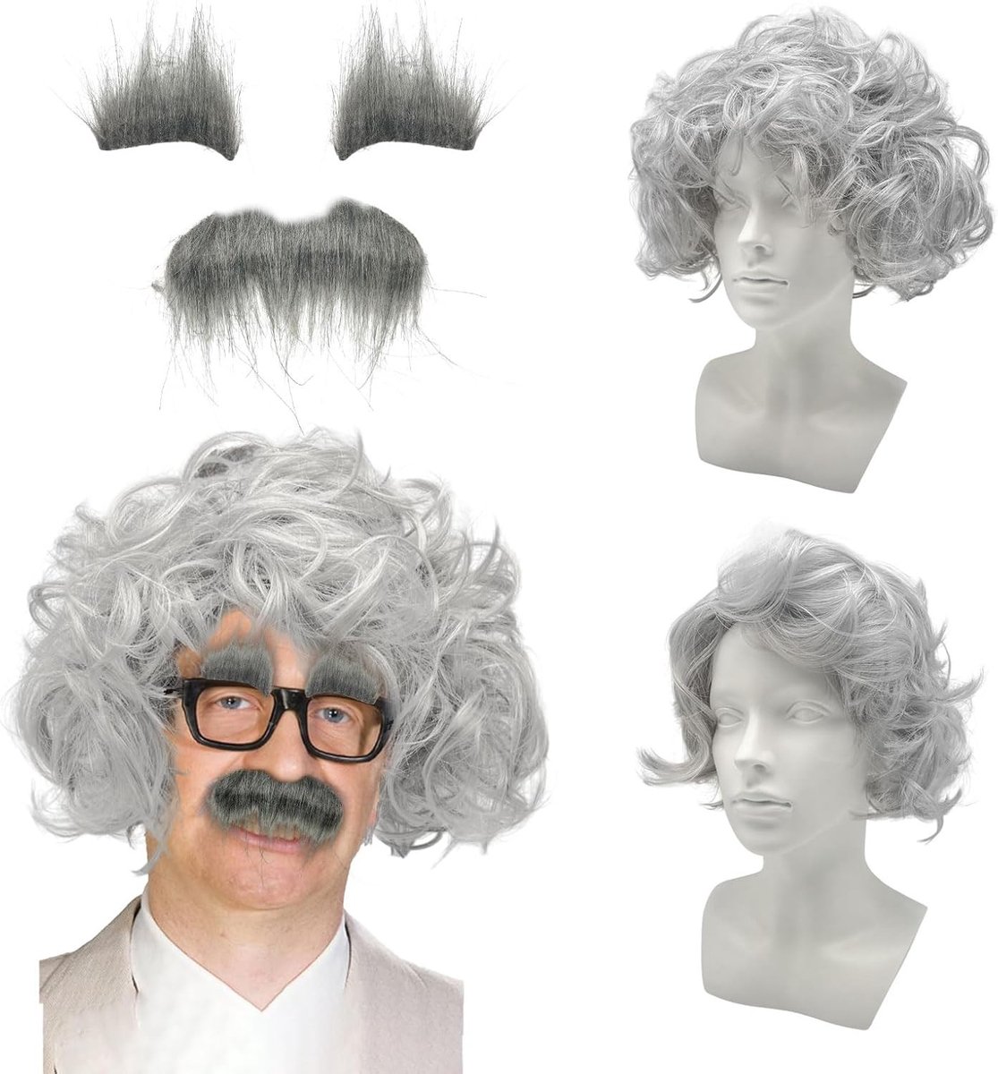 Grijze Peruk met Snor voor Oude Man Kostuum, Wetenschapper Outfit voor Cosplay en Feestjes