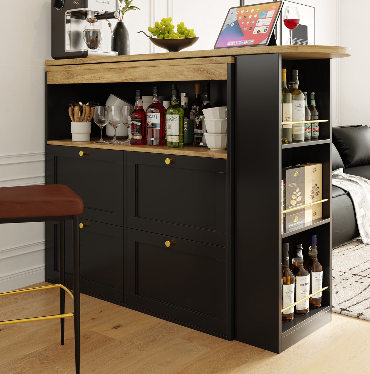 MEUNIQ draaibaar keukeneiland 105 x 39 x 102 cm met 360° zijrek, 4 lades en open planken, MDF opbergkast/bar tafel voor keuken, eetkamer of woonkamer