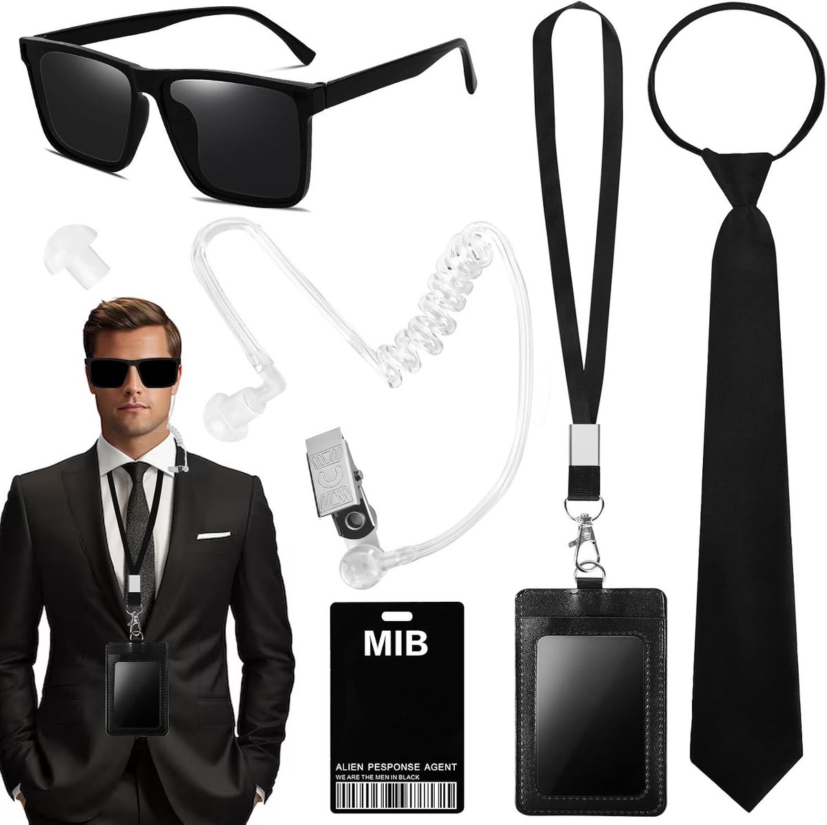 Zwart Secret Agent Kostuum Accessoires Set met Stropdas, Zonnebril en ID Kaart voor Feestjes en Verkleedpartijen