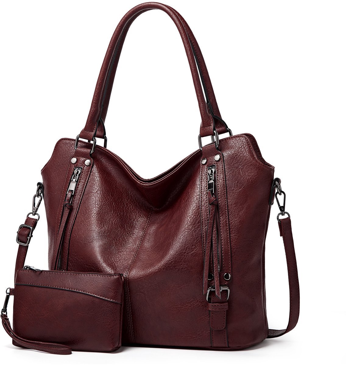COOAU - dames tassen - handtas - schoudertas - Schoudertas en kleine portemonnee 2-delige set - Tote bag - Zacht PU-leer - Grote capaciteit - eenvoudig ontwerp - Luxe tas - paarsrood