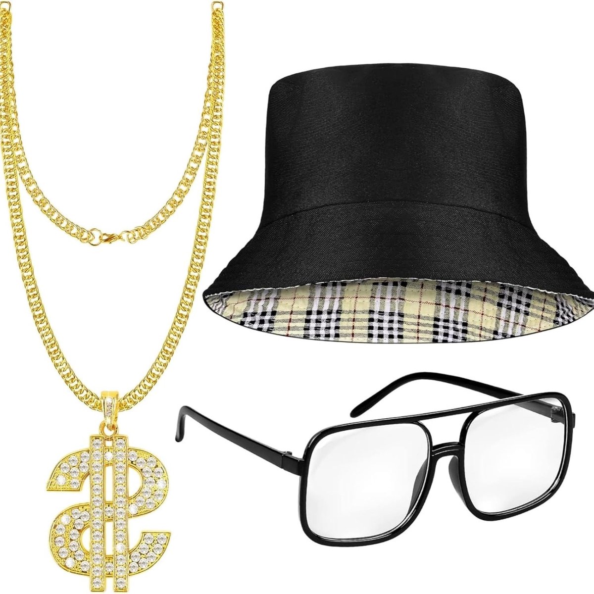 Hip Hop Kostuum Set voor Mannen en Vrouwen - Dollar Hanger, Zonnebril en Bucket Hat - Vintage Rapper Accessoires voor Feestjes en Carnaval