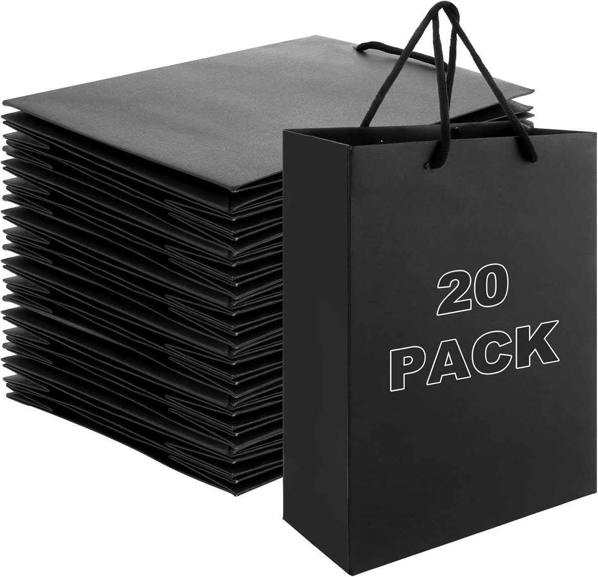 20 Stuks Zwarte Cadeautassen met Handvat, 20 x 10 x 28 cm, Papieren Tassen voor Bruiloften, Kerst, Feestjes en Cadeaus