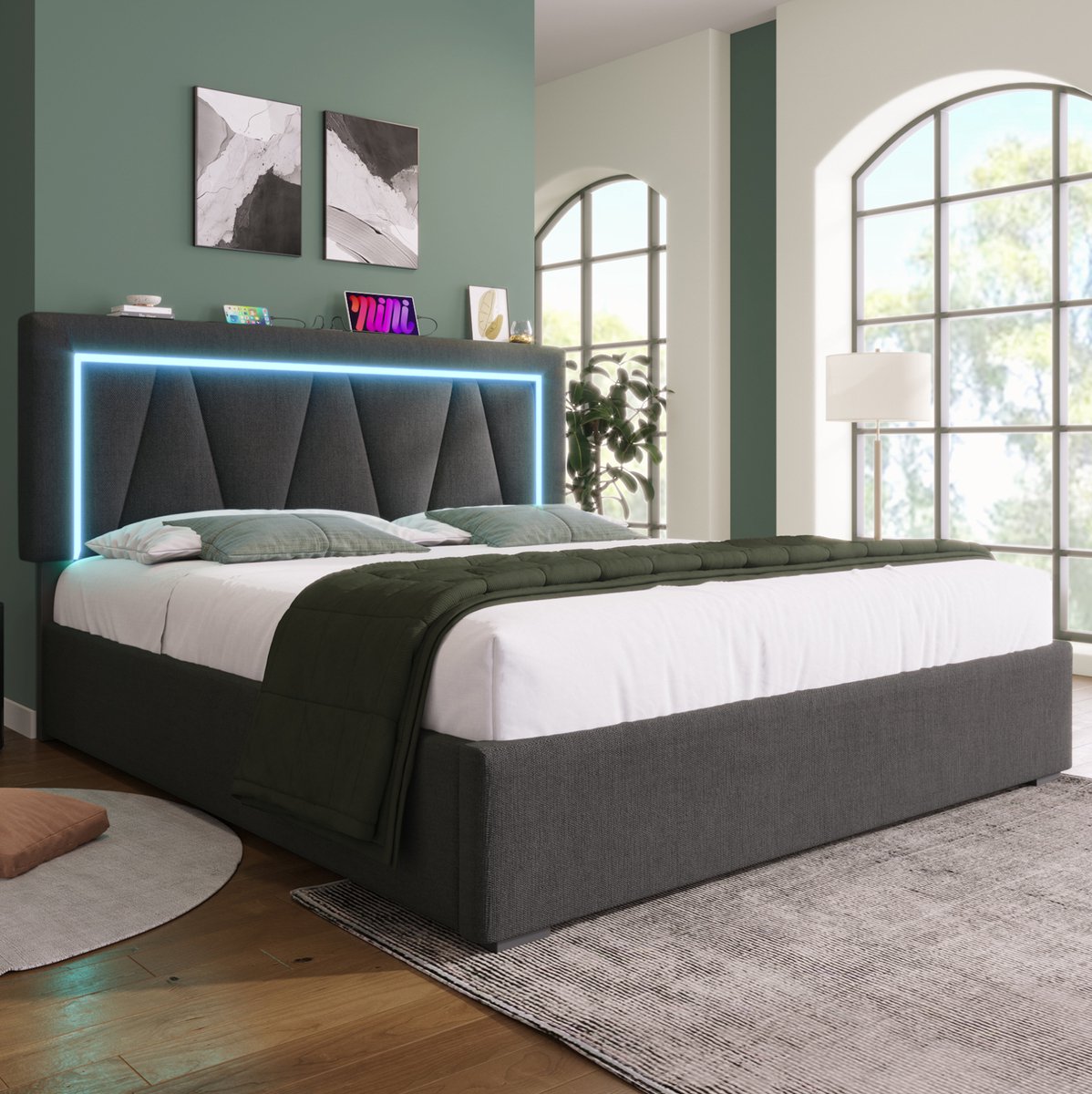 MIVRAY Gestoffeerd Bed 160x200 cm - Tweepersoonsbed Met Led Verlichting en USB C Oplaadpunt - Met Opbergruimte en Matras - Stof - Grijs