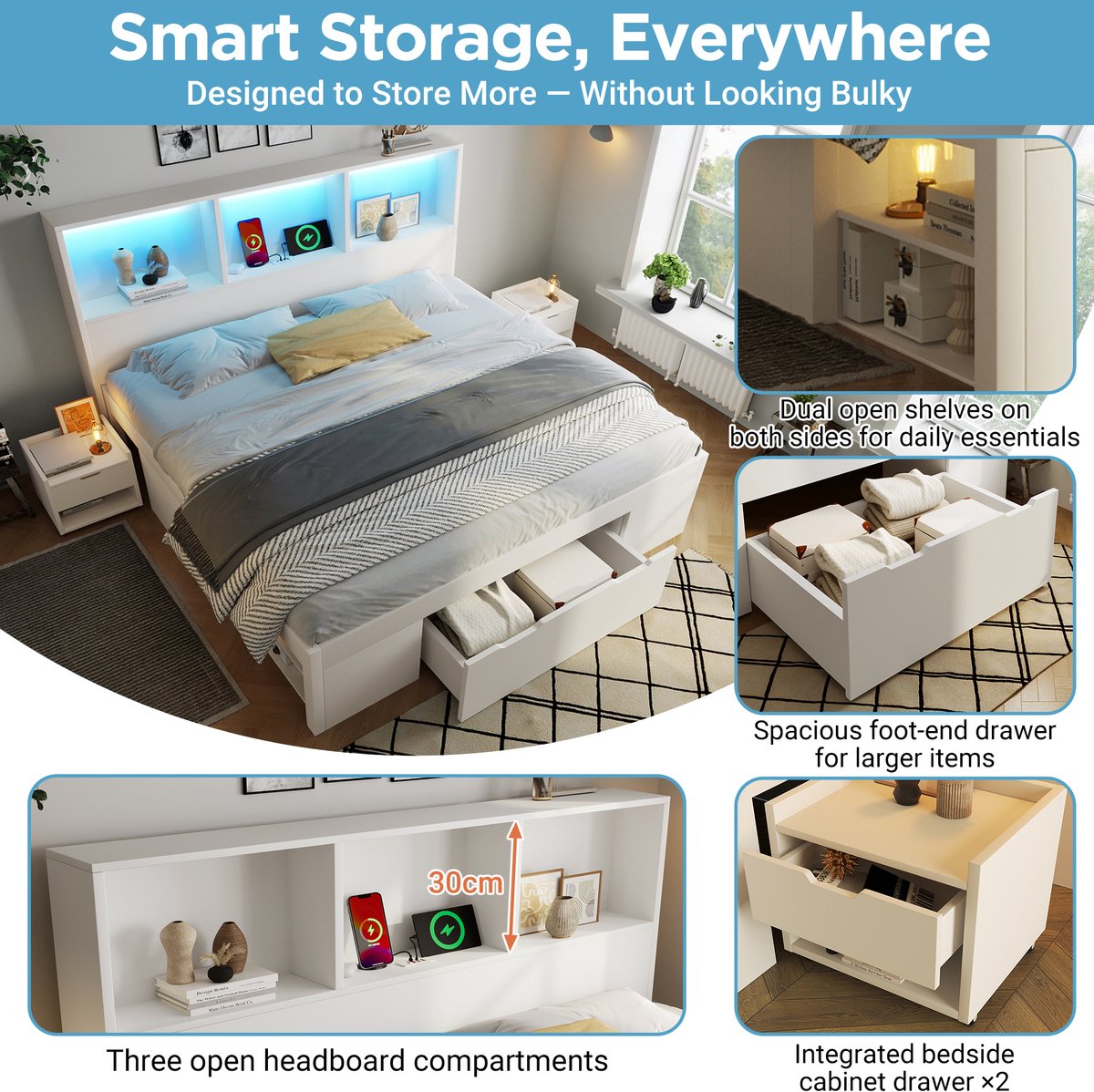 MIVRAY Bed 140x200 cm Zonder Matras - Tweepersoonsbed met LED Verlichting en USB Type C - Met Opbergruimte en 2 Verplaatsbare Nachtkastjes - Hout - Wit