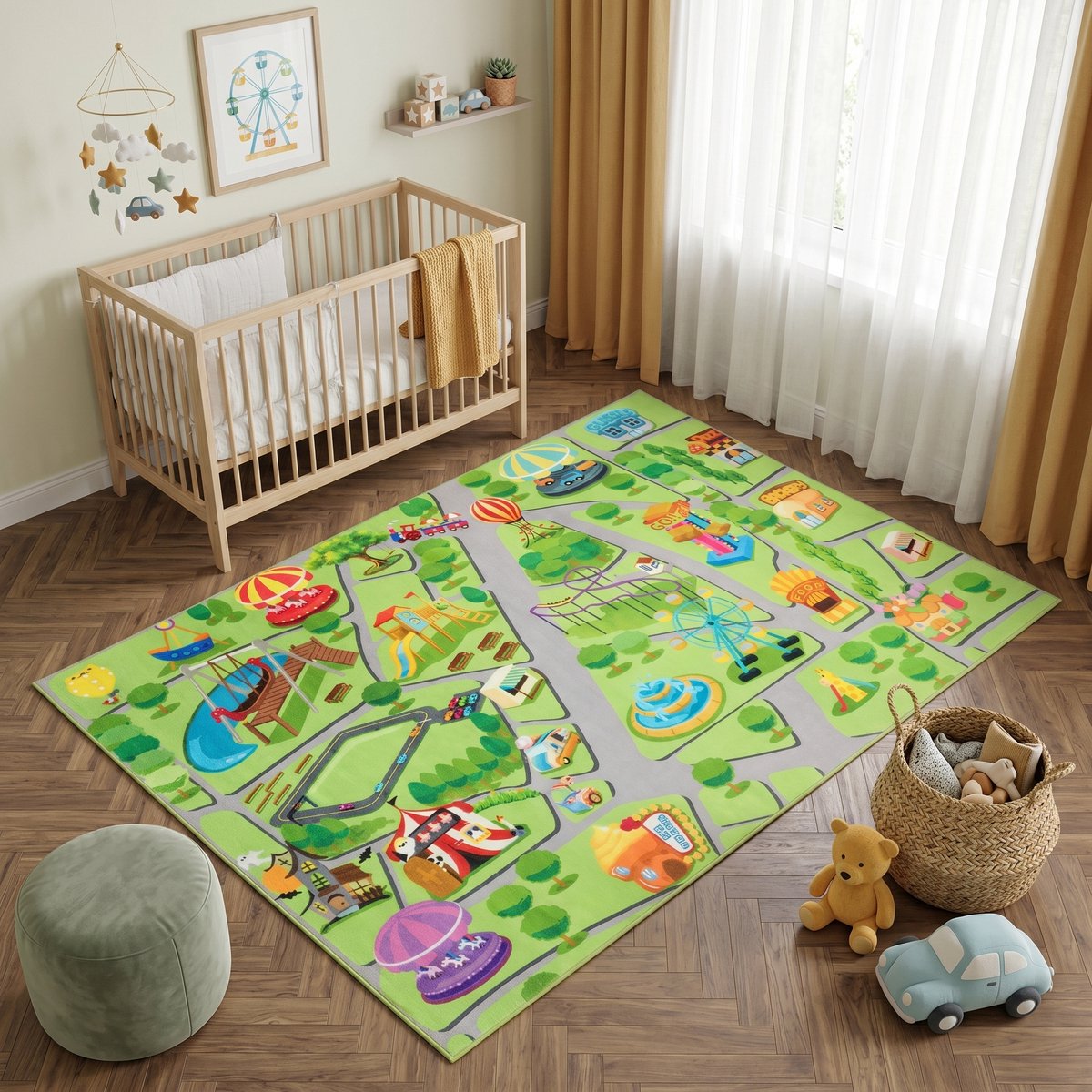 Tapiso Kids Kindervloerkleed Pretpark Speelkleed – Speeltapijt Groen Reuzenrad Achtbaan – Antislip Wasbaar 120x170