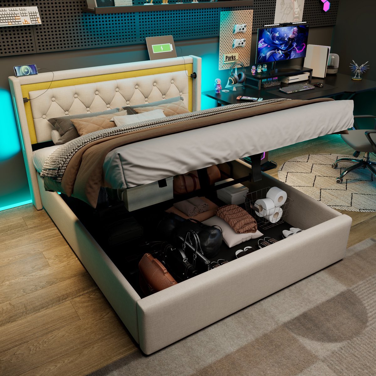 VVBV Bed met opbergruimte 140x200 / Tweepersoonsbed 140x200 – met LED-Verlichting, USB, USB-C, Lattenbodem – Hoofdbord – Tienerbed – Beige – Zonder Matras