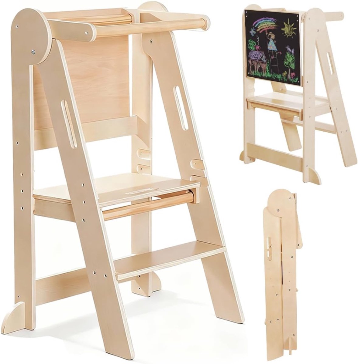 Leertoren Inklapbaar - Opvouwbare Leertoren - Montessori-Keukenhulp Voor Kinderen - Houten Opvouwbare Steun Met Veiligheidsrail - Ruimtebesparend Voor Keuken En Badkamer
