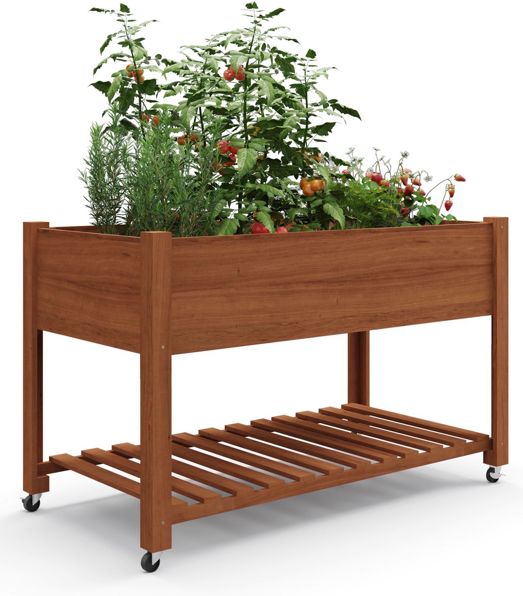 Plantenbak - 122x61x76 cm - Verhoogde Moestuinbak op Wielen met Opbergrek - Houten Kweekbak voor Planten Groenten Bloemen Fruit - Tuin en Terras - Bruin