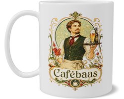 Mok Cafébaas Vintage Art Nouveau Stijl - Cadeau voor Horeca Ondernemer, Barman of Kroegbaas - Elegante Illustratie met Bier, Koffie en Bloemen - Sfeervolle Koffiemok