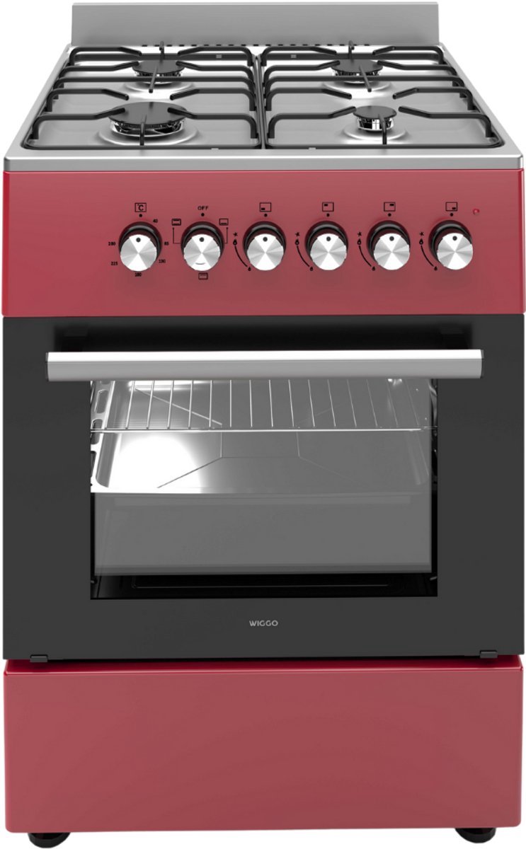 Bol.com Wiggo WO‑E603R(RX) – Vrijstaand gasfornuis – 60 cm – 4 kookzones – 56L elektrische oven – Rood Roestvrijstaal – Elektris... aanbieding