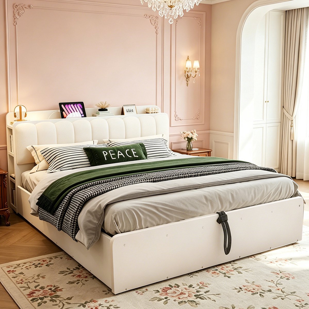MIVRAY Bed 180x200 cm Zonder Matras - Houten Bed Met Hydraulische Opbergruimte en USB Aansluiting - Hoofdbord Met Opbergvakken en Nachtlichtaansluiting - Hout en Stof - Wit