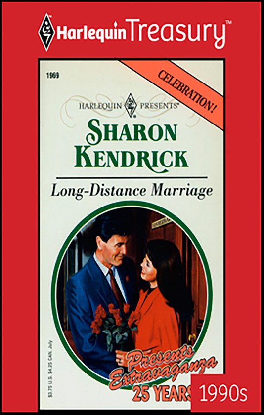 Boekomslag 'Long-Distance Marriage' van Sharon Kendrick met een koppel dat elkaar aankijkt en rode rozen vasthoudt.