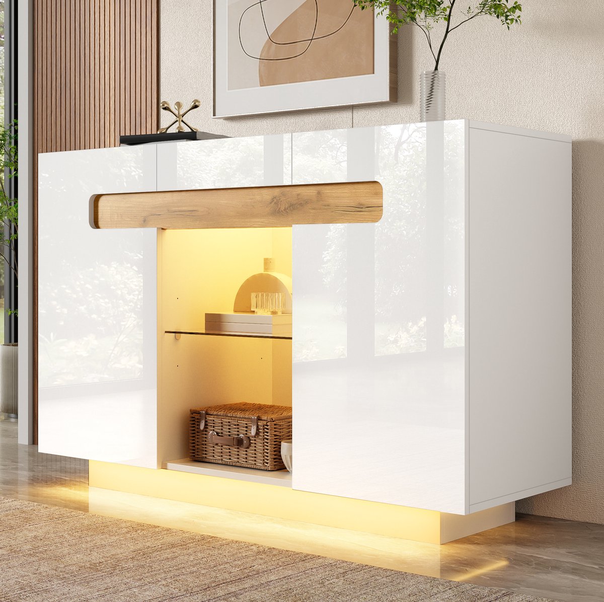 MEUNIQ dressoir met LED-verlichting 120 x 40 x 80 cm, opbergkast met 4 legborden en 2 open vakken, hoogglans fronten, wit en naturel, voor woonkamer keuken of hal