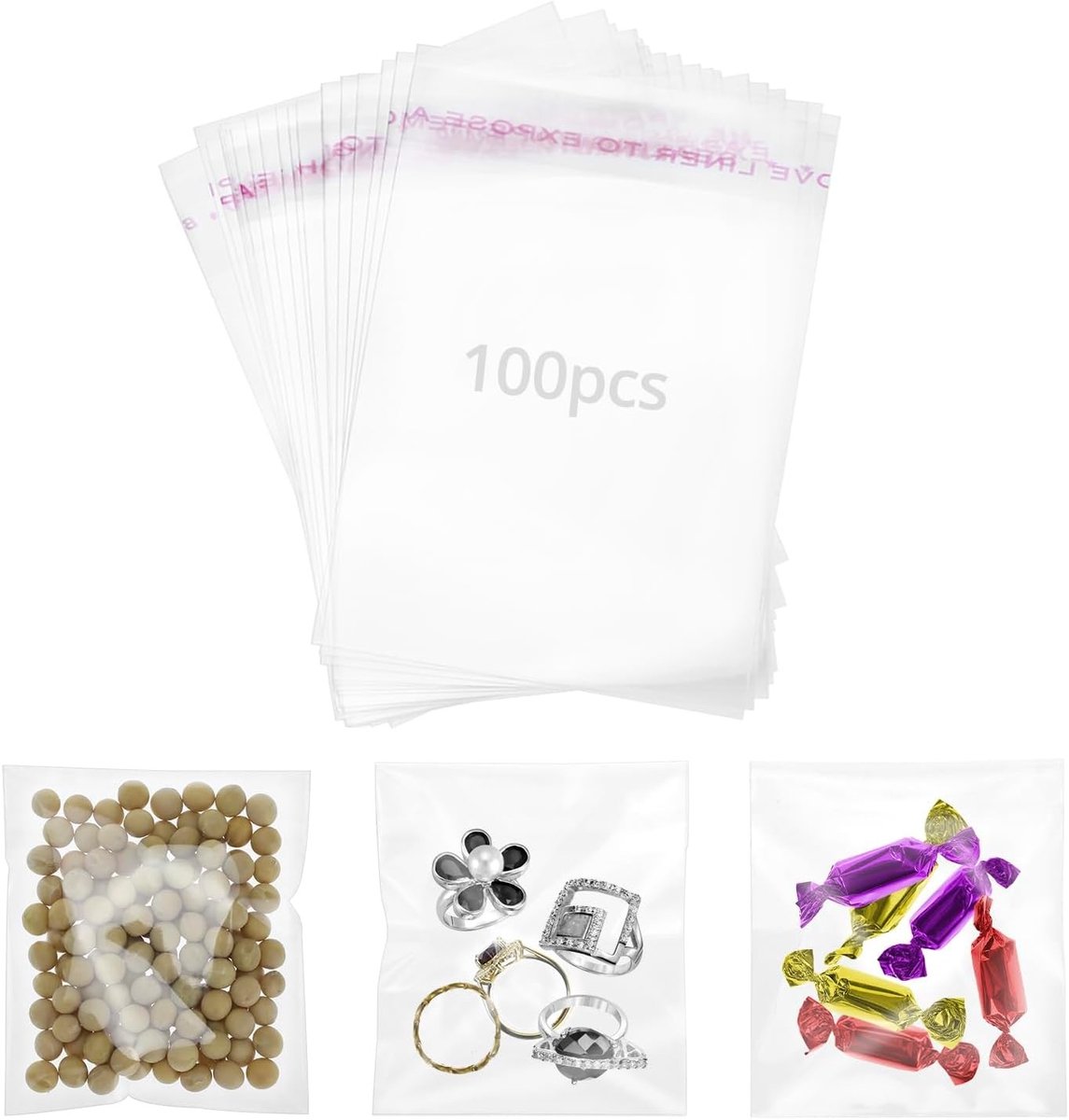 Set van 100 heldere cellofaan zakjes 7 x 10 cm voor het verpakken van sieraden, zeep en kaarten