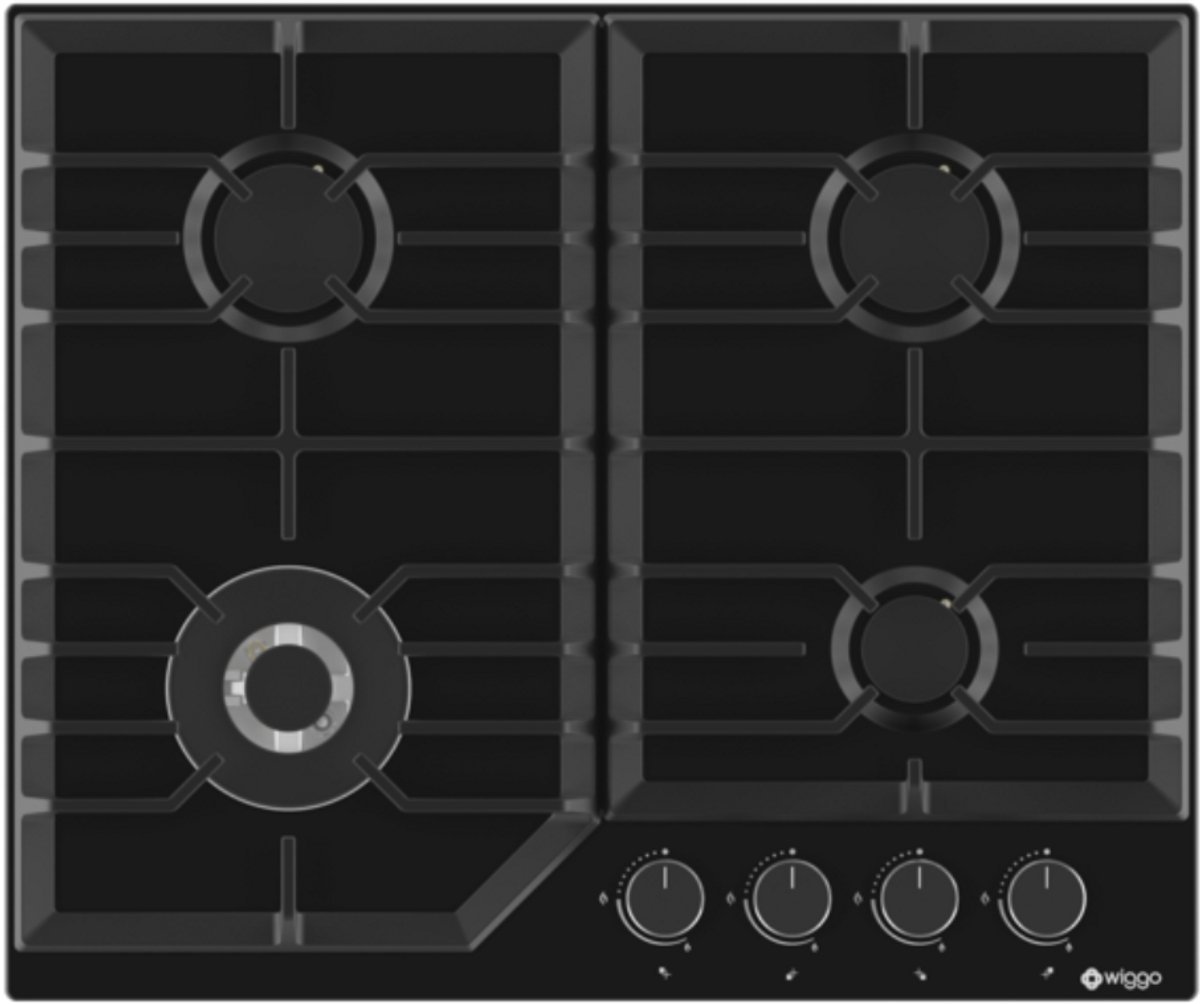 Wiggo WH-G634RL(B) - Inbouw Gaskookplaat - Wok brander - 60 cm - 4 Kookzones - Gietijzeren pannendragers - 5 jaar garantie - Zwart Geëmailleerd