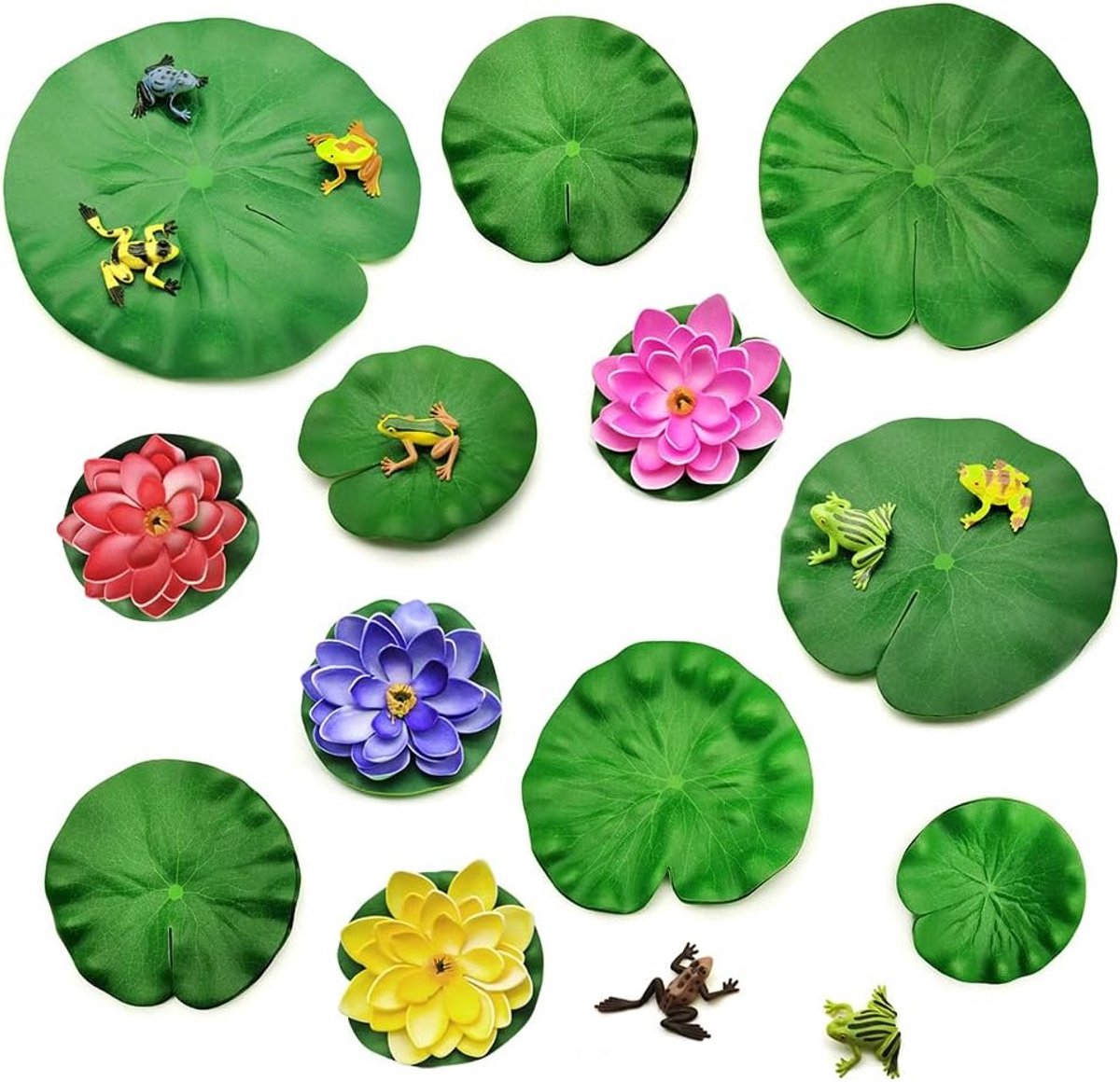 24 Delige Set Zwevende Lotusbloemen en Bladeren voor Vijverdecoratie met Kikkerfiguren