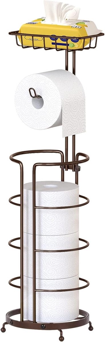 Vrijstaande toiletpapierhouder - zonder boren - met ruimte voor 5 rollen en plank - metalen toiletpapieropslag voor badkamer