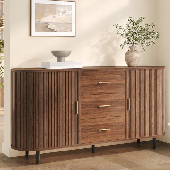 Sweiko Dressoir - Halmeubel - 3 lades - Schuifdeuren - Metalen handgrepen - Metalen poten - Walnootkleurig