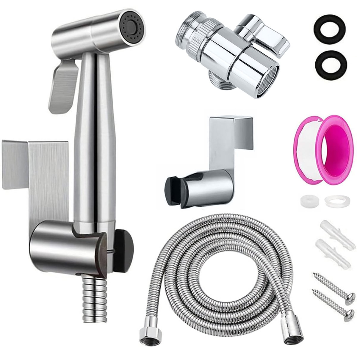 Bidet handdoucheset – Bidetsproeikop en -houder van roestvrij staal – Handdouche voor vrouwelijke hygiëne – Spuitpistool – Badkamerset – Roestvrij staal – 8-delige set