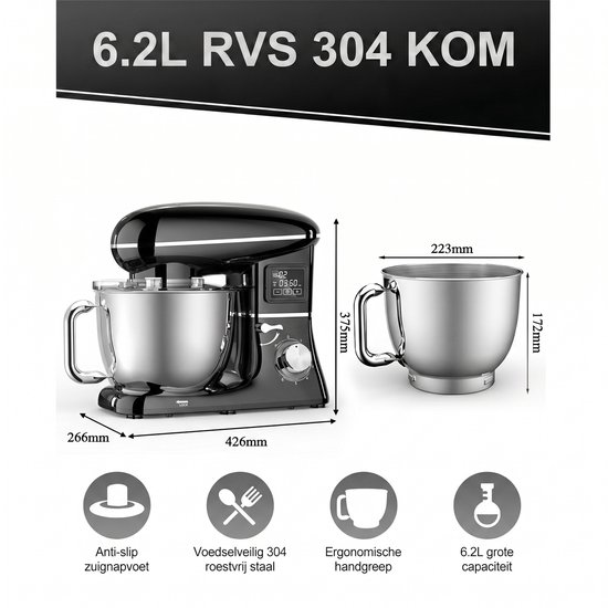 SHANNA Digitale Keukenmachine - 1600W Zuiver Koper - Standmixer - Bakmachine - 6,2L RVS Mengkom - Met LCD Timer, Deeghaak, Garde en Complete Bakaccessoires - Zwart — afbeelding 2