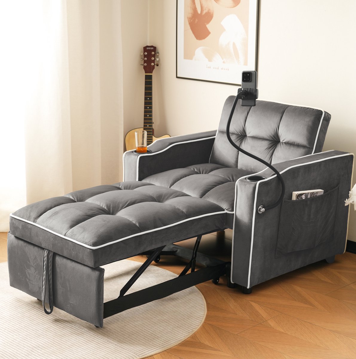 DESMIU Fauteuil 83 x 167 x 76 cm - 3-In-1 Uitklapbare Slaapstoel Met Verstelbare Rugleuning En Bekerhouders - Kleine Ruimtes - Velvet Donkergrijs