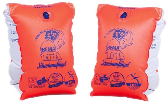 Twee oranje zwemvleugels met witte zijkanten, bedrukt met een blauwe olifant en tekst 'BEMA Schwimmflügel'.
