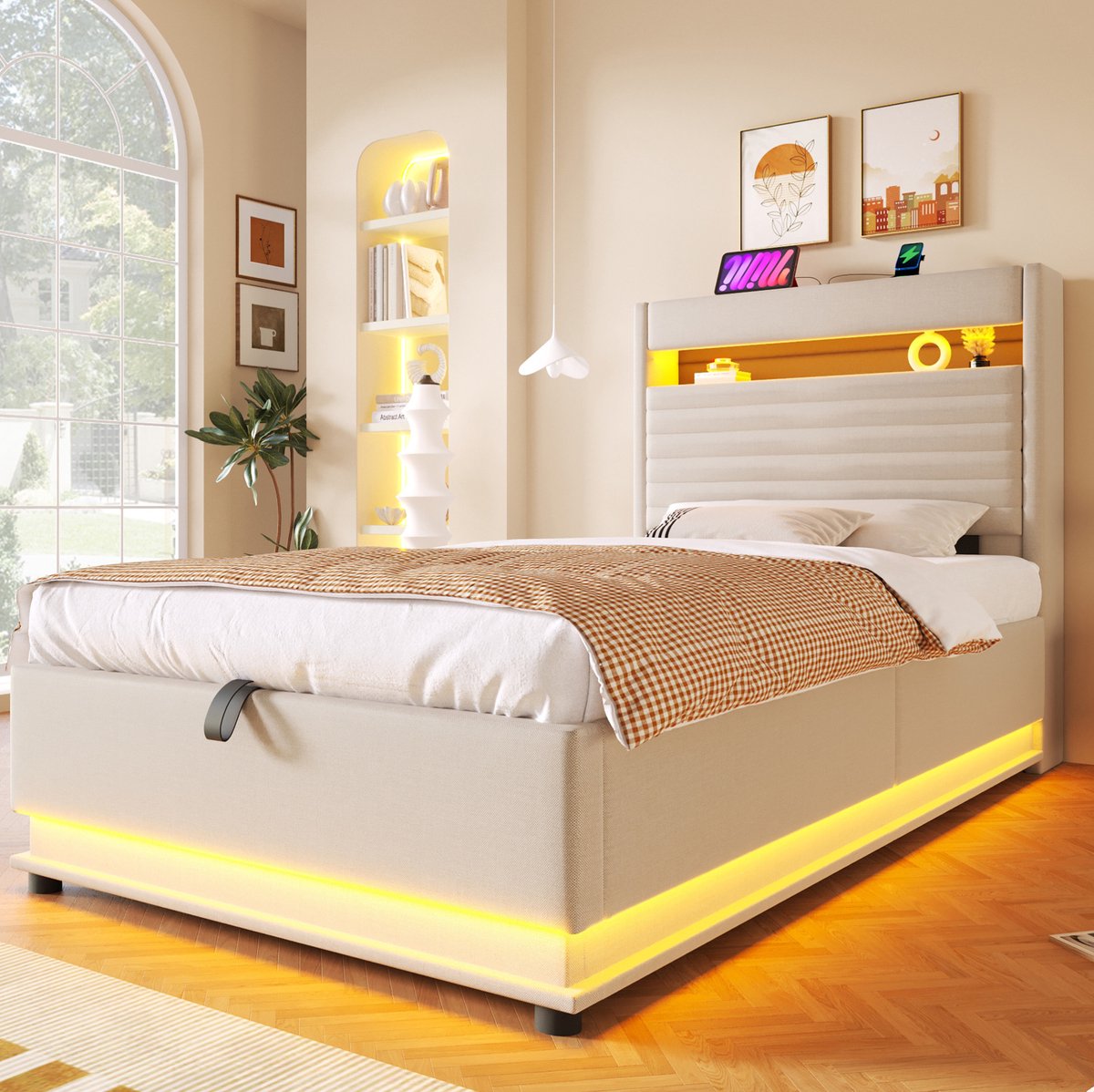MEUNIQ gestoffeerd bed 90x200 cm met hydraulische opbergruimte, LED-verlichting, USB en USB-C, eenpersoons bedframe voor slaapkamer, beige