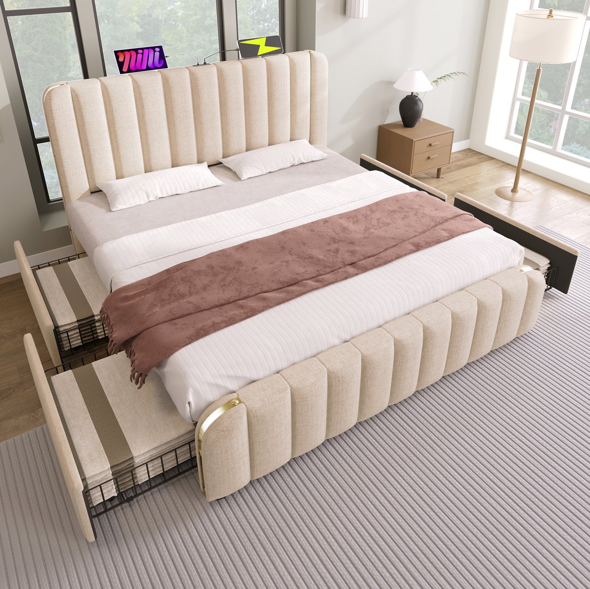 MEUNIQ gestoffeerd tweepersoons bed 180x200 cm met matras, USB en Type-C in hoofdbord, 4 lades, lattenbodem, beige stof met metalen details voor slaapkamer