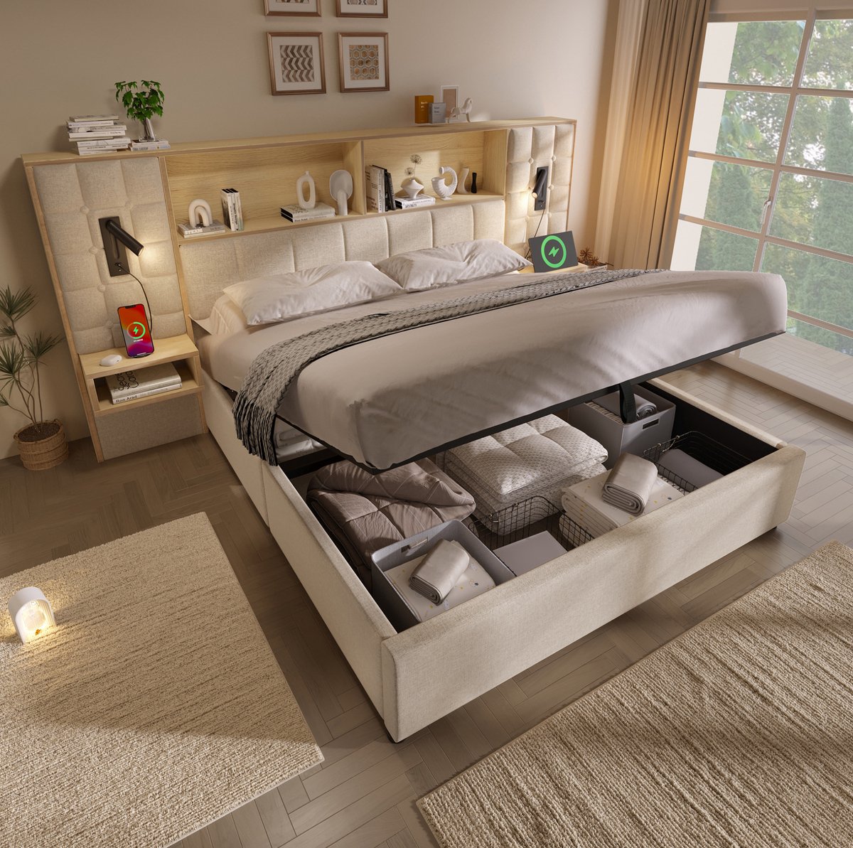 MEUNIQ gestoffeerd bed 180x200 met opbergruimte, 2 nachtkastjes, leeslampen, USB en Type-C