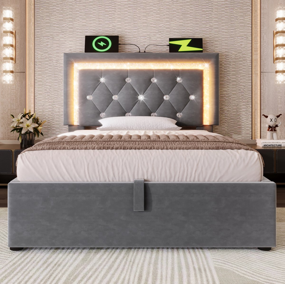 MEUNIQ eenpersoonsbed 90x200 cm met matras, LED-verlichting in hoofdbord, USB en Type-C, hydraulische opbergruimte, lattenbodem, grijs