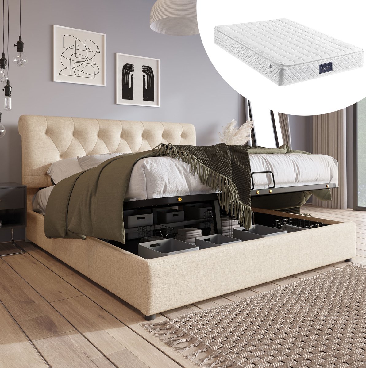 MEUNIQ tweepersoons bed 140x200 cm met verstelbaar hoofdbord, lattenbodem, hydraulische opbergruimte en matras, stoffen bedframe voor slaapkamer, naturel