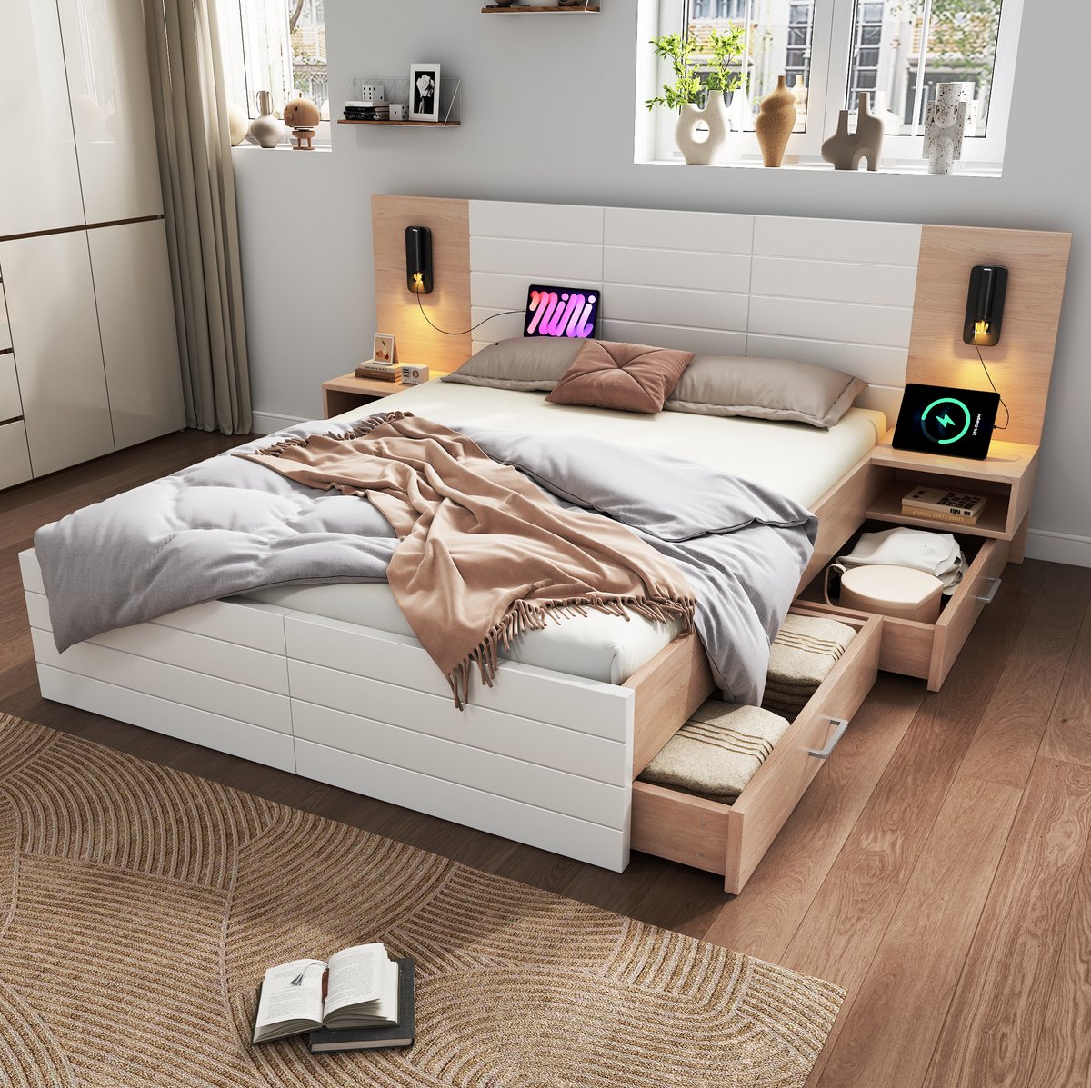MEUNIQ tweepersoons bedframe 160x200 cm met lattenbodem, 2 lades, USB en leeslamp in hoofd