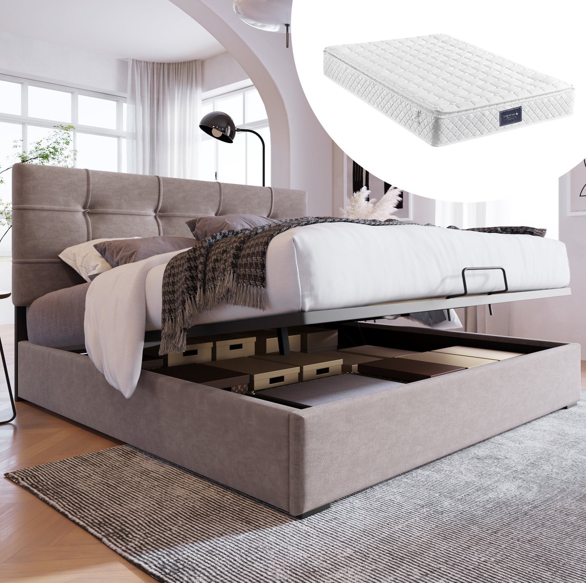 MEUNIQ Gestoffeerd bed 140 x 200 cm met verstelbaar hoofdbord en hydraulische opbergruimte, lichtgrijs